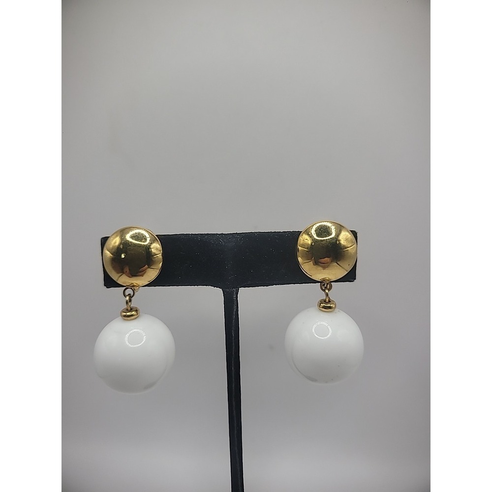 Vintage Napier Earrings Clip On White Round Gold Tone Jewelry Costume
